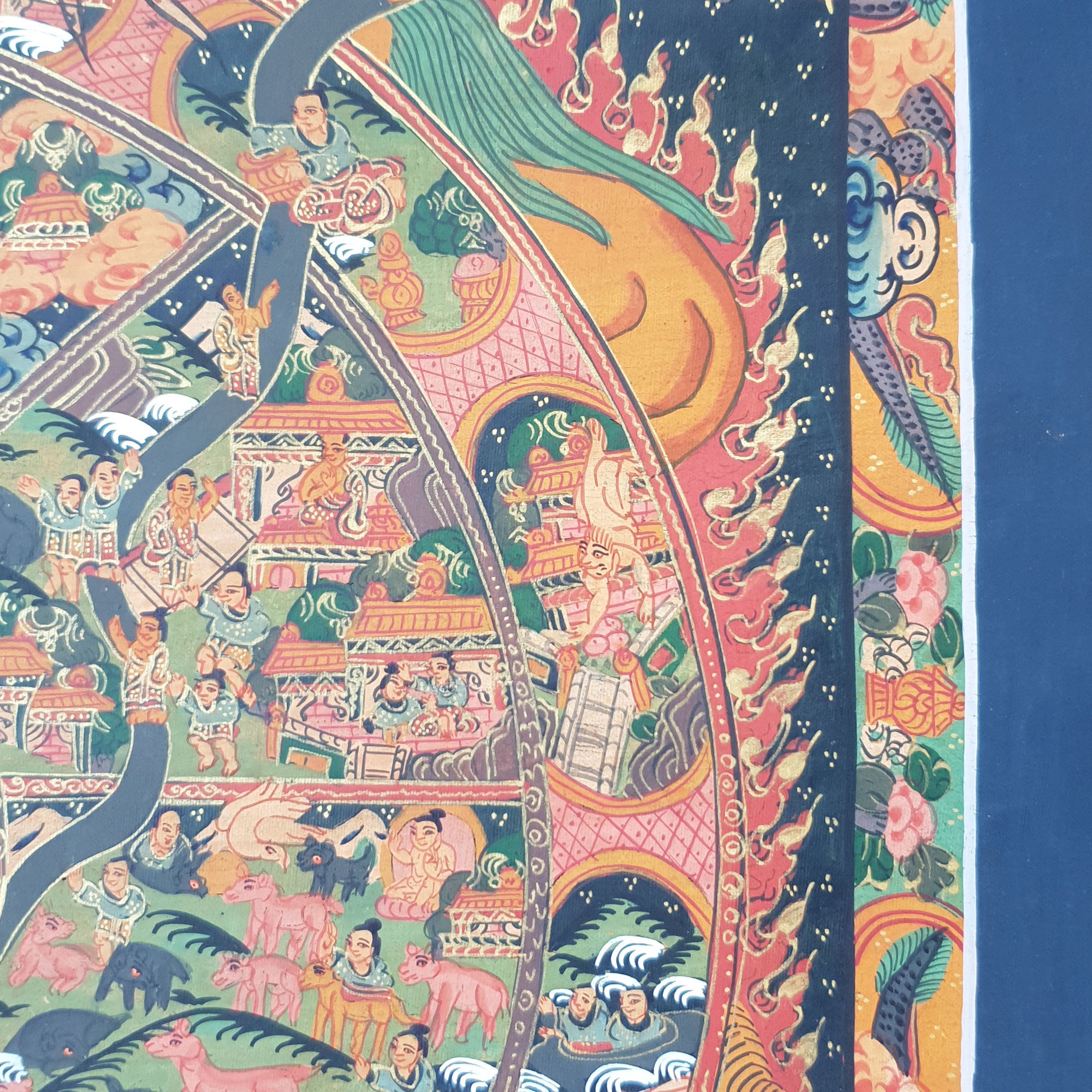 Wheel of Life Bhavachakra Samsara Tibetan Thangka Buddhist Painting Canvas Art Stone Colors 24K Gold