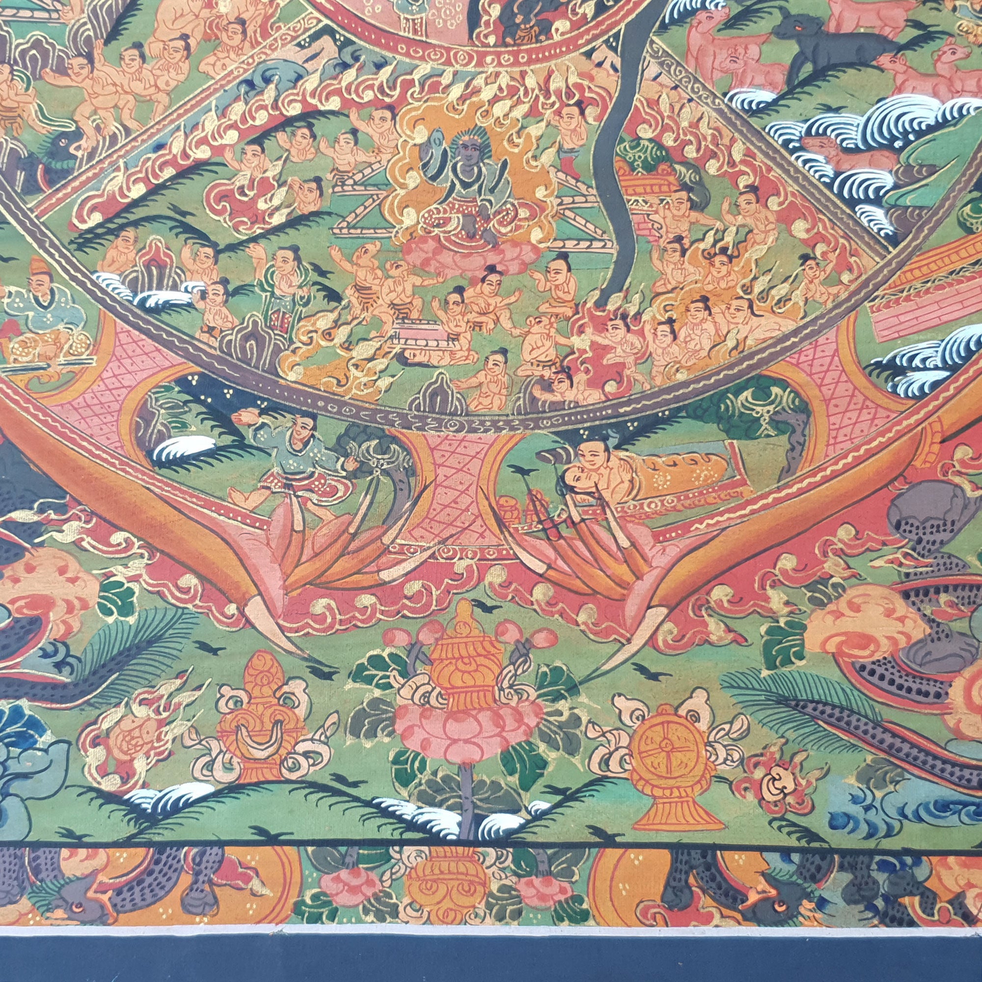 Wheel of Life Bhavachakra Samsara Tibetan Thangka Buddhist Painting Canvas Art Stone Colors 24K Gold
