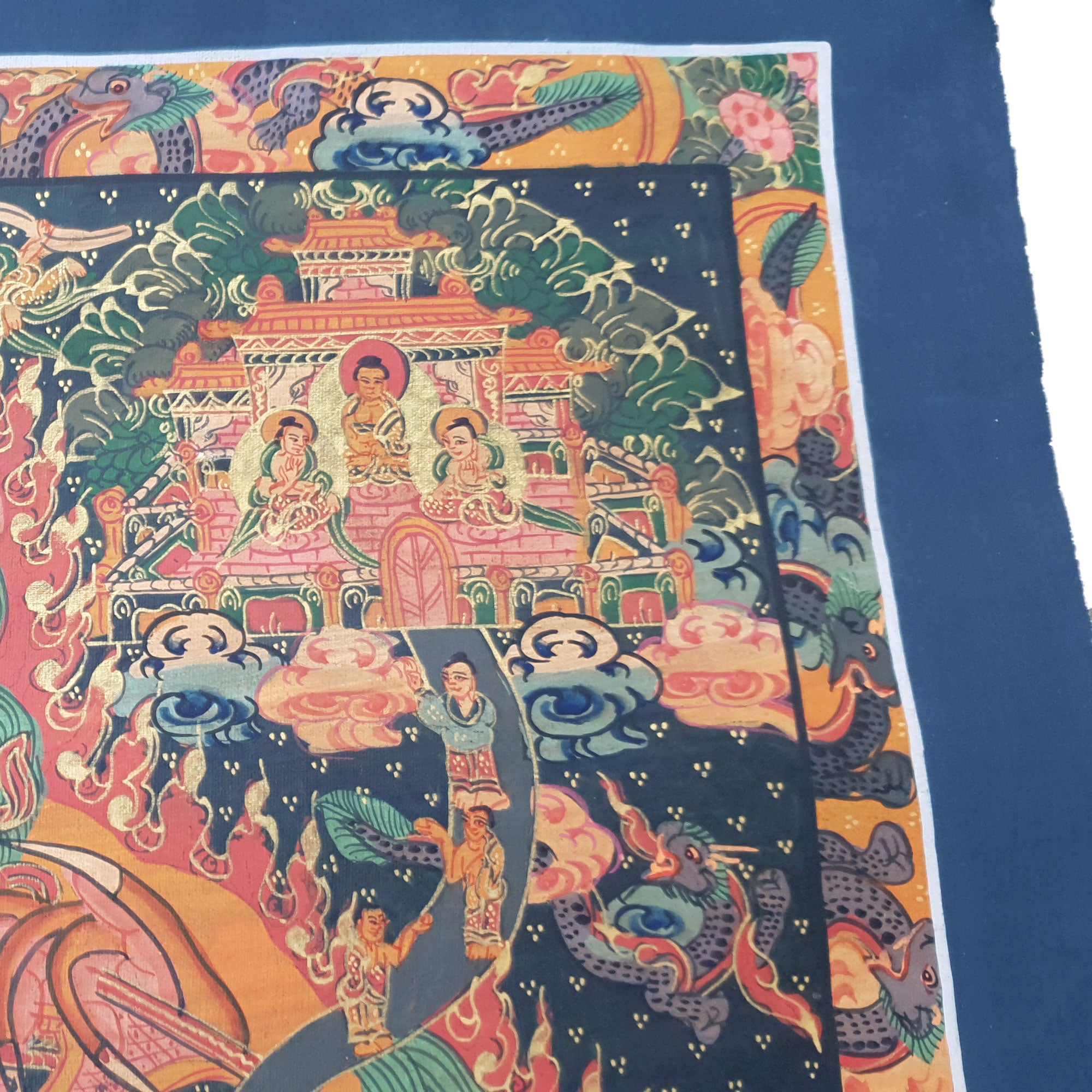 Wheel of Life Bhavachakra Samsara Tibetan Thangka Buddhist Painting Canvas Art Stone Colors 24K Gold
