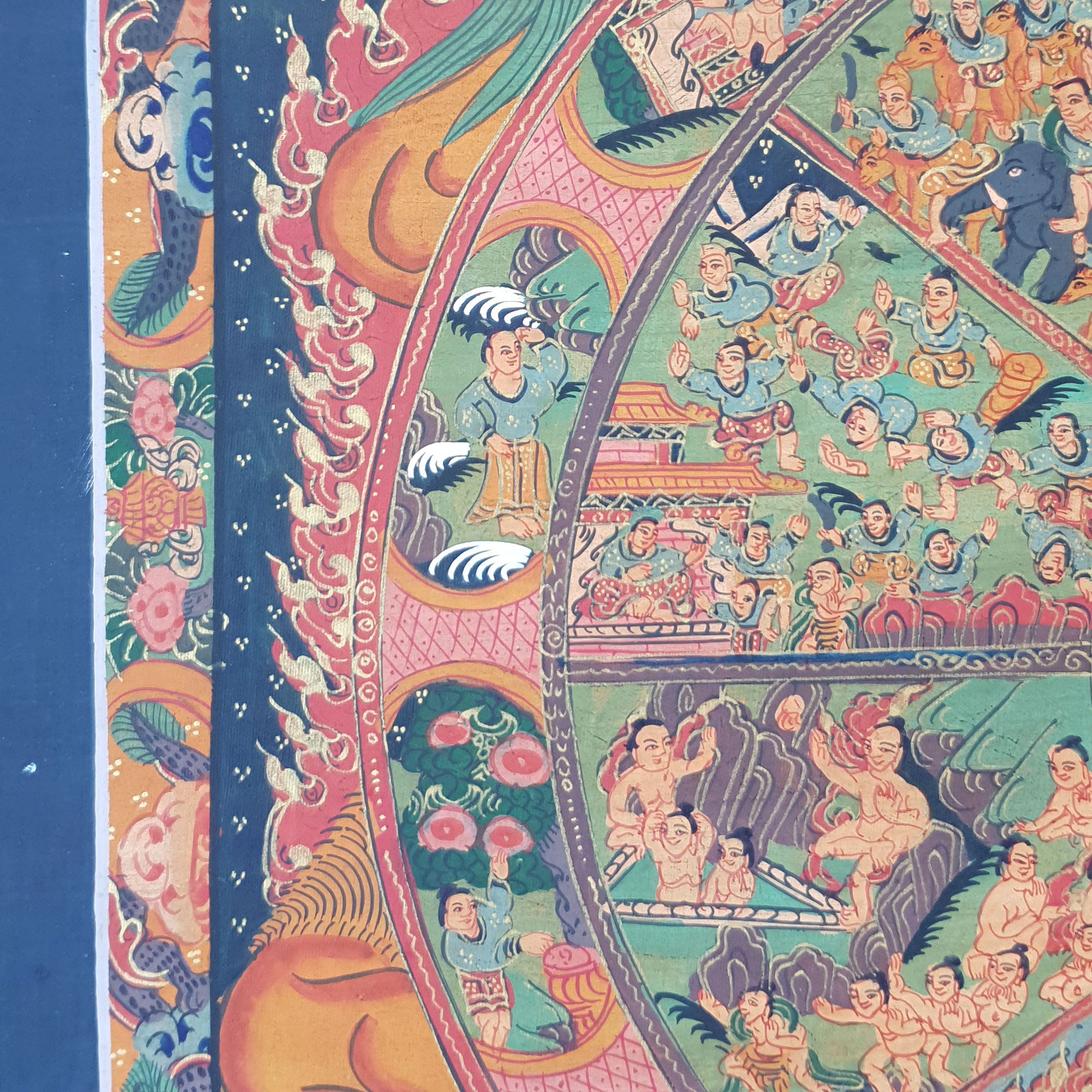 Wheel of Life Bhavachakra Samsara Tibetan Thangka Buddhist Painting Canvas Art Stone Colors 24K Gold